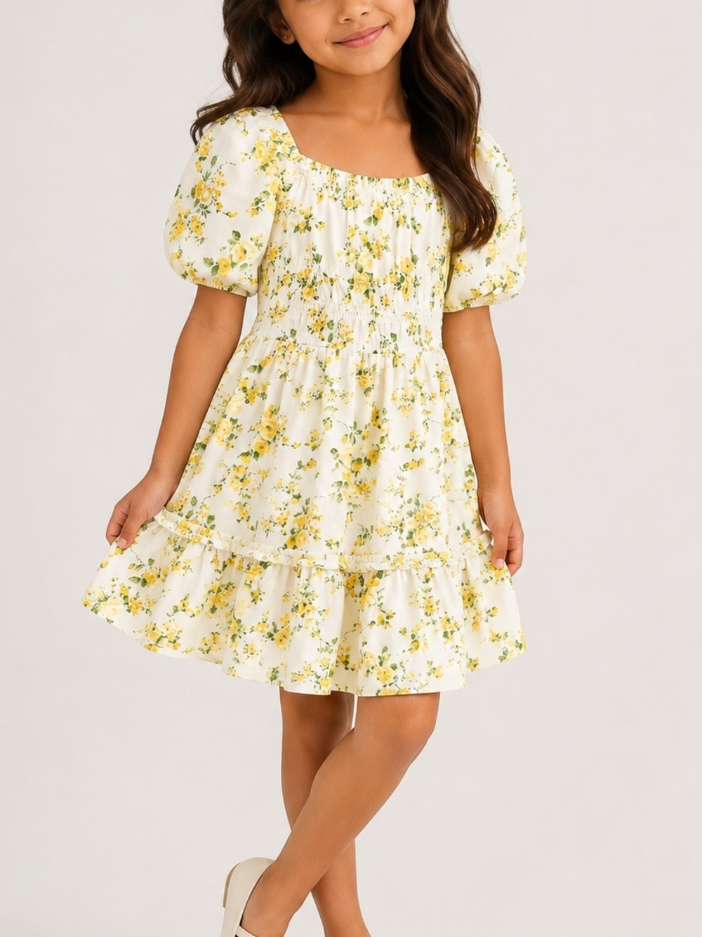 CHILDREN’S PLACE NWOT Yellow Summer Floral Smocked Dress Size 5/6 Puff Sleeve